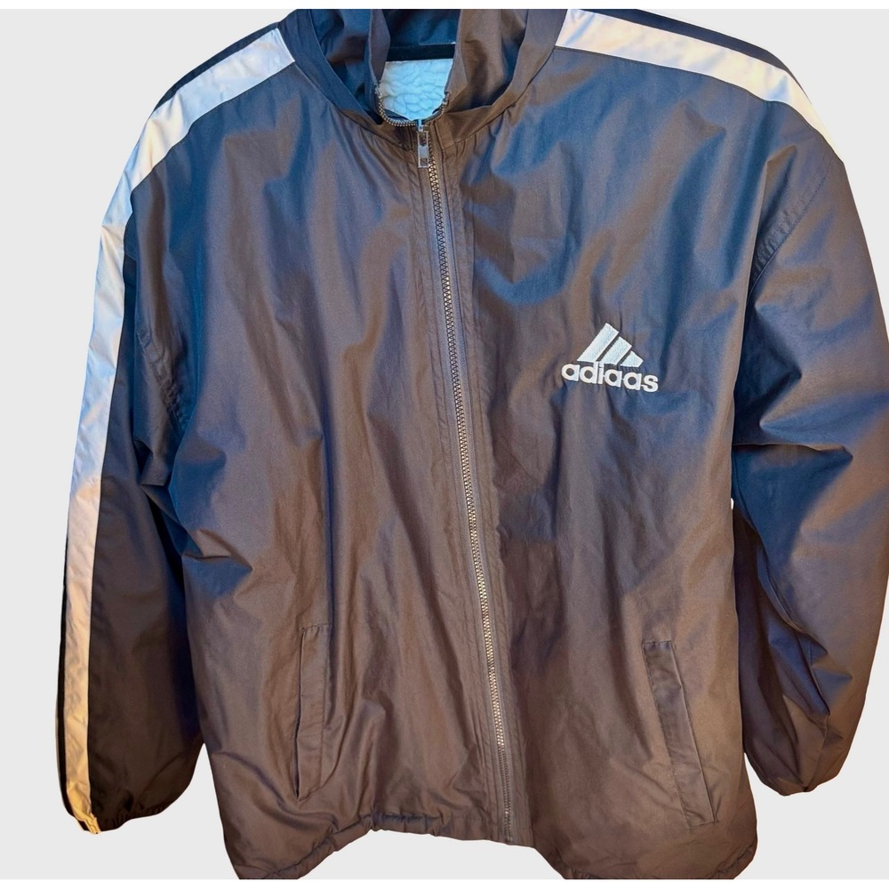 Adidas Fleece Lined Windbreaker Jacket Mens Large Black Hooded Full Zip